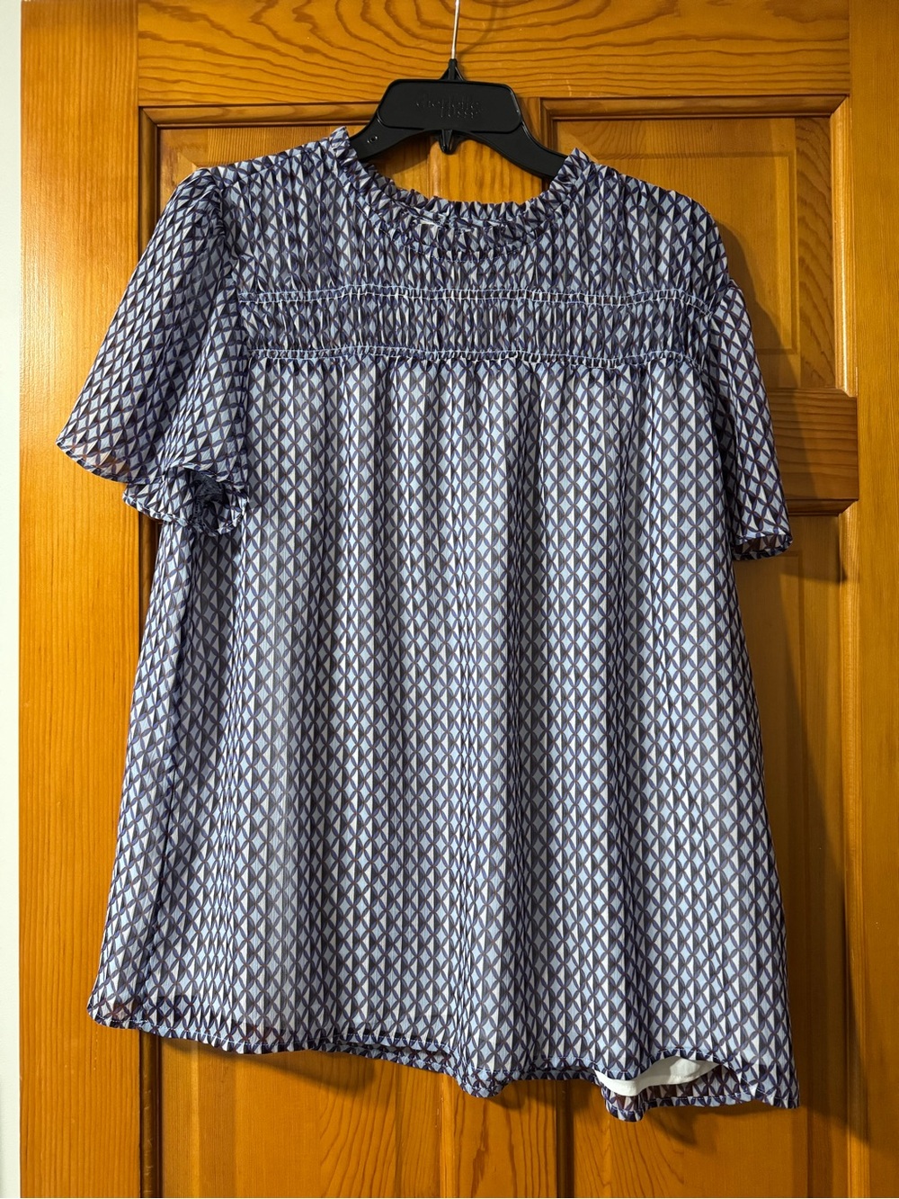 LOFT Navy and White Geometric Smocked Yoke Flutter Sleeve Top